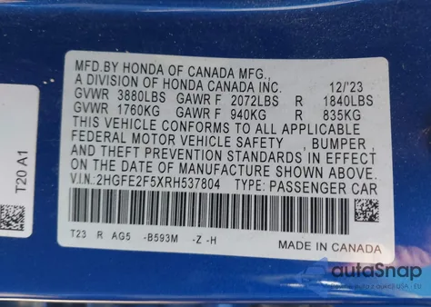 2024 Honda Civic Sport z USA, uszkodzony, nr VIN 2HGFE2F5XRH537804